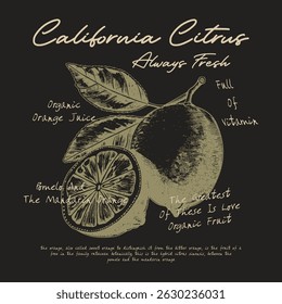 Orange graphic print t-shirt design, summer fruit design, vintage grunge food fashion orange art, typography slogan text print design, California Malibu,fruit print graphics for t-shirt Design