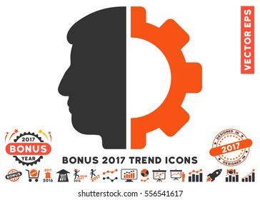 Orange And Gray Android Head icon with bonus 2017 trend icon set. Vector illustration style is flat iconic bicolor symbols, white background.