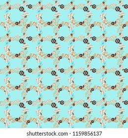 Orange, gray and blue colors vector seamless pattern with many flowers.