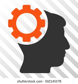 Orange And Gray Brain Gear interface icon. Vector pictograph style is a flat bicolor symbol on diagonal hatch transparent background.