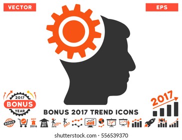 Orange And Gray Brain Gear pictogram with bonus 2017 trend design elements. Vector illustration style is flat iconic bicolor symbols, white background.