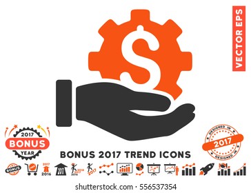 Orange And Gray Development Service pictograph with bonus 2017 year trend icon set. Vector illustration style is flat iconic bicolor symbols, white background.