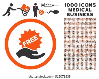Orange And Gray Free Offer vector bicolor rounded icon. Image style is a flat icon symbol inside a circle, white background. Bonus clipart is 1000 medical business design elements.