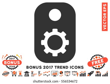 Orange And Gray Gear Tag icon with bonus 2017 year trend icon set. Vector illustration style is flat iconic bicolor symbols, white background.