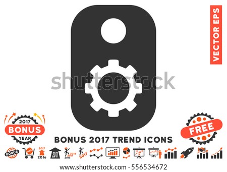 Orange And Gray Gear Tag icon with bonus 2017 year trend icon set. Vector illustration style is flat iconic bicolor symbols, white background.