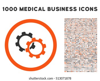 Orange And Gray Gears vector bicolor rounded icon. Image style is a flat icon symbol inside a circle, white background. Bonus set contains 1000 healthcare business pictographs.