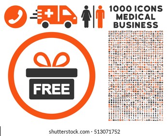 Orange And Gray Gift vector bicolor rounded icon. Image style is a flat icon symbol inside a circle, white background. Bonus set includes 1000 health care business elements.