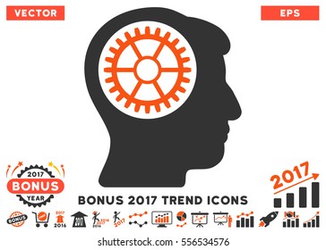Orange And Gray Head Cogwheel icon with bonus 2017 year trend symbols. Vector illustration style is flat iconic bicolor symbols, white background.