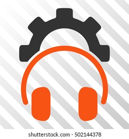 Orange And Gray Headphones Configuration Gear toolbar pictogram. Vector pictograph style is a flat bicolor symbol on diagonal hatch transparent background.