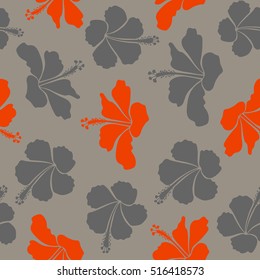 Orange and gray Hibiscus seamless background. Aloha hawaiian shirt vector seamless pattern.