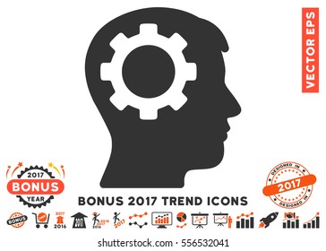Orange And Gray Intellect Gear pictogram with bonus 2017 year trend symbols. Vector illustration style is flat iconic bicolor symbols, white background.