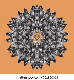 Orange, gray and neutral snowflakes on a orange, gray and neutral colors. Snowflake vector pattern. Vector illustration. Isolated cute snowflakes on colorful background.