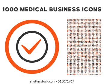 Orange And Gray Ok vector bicolor rounded icon. Image style is a flat icon symbol inside a circle, white background. Bonus set has 1000 health care business symbols.
