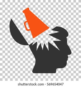 Orange And Gray Open Brain Megaphone interface toolbar icon. Vector pictograph style is a flat bicolor symbol on chess transparent background.