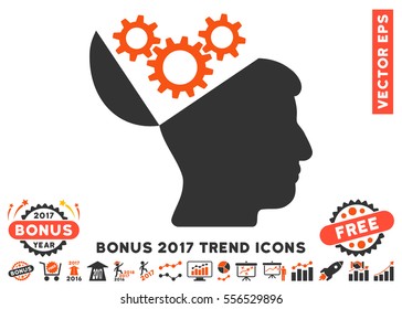 Orange And Gray Open Mind Gears icon with bonus 2017 year trend images. Vector illustration style is flat iconic bicolor symbols, white background.