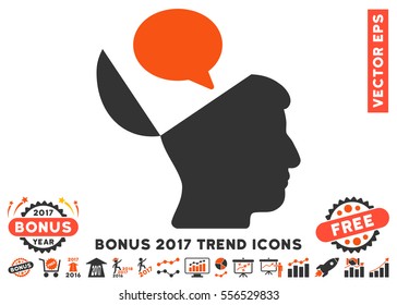 Orange And Gray Open Mind Opinion Icon With Bonus 2017 Year Trend Symbols. Vector Illustration Style Is Flat Iconic Bicolor Symbols, White Background.
