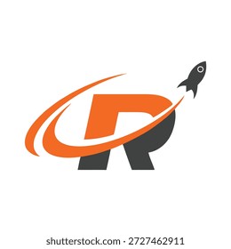 Orange and gray rocket ship launching from letter P symbol icon