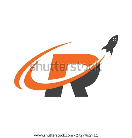 Orange and gray rocket ship launching from letter P symbol icon