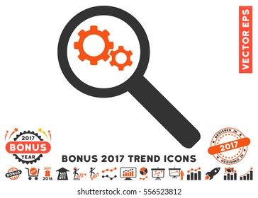 Orange And Gray Search Gears Tool icon with bonus 2017 year trend pictures. Vector illustration style is flat iconic bicolor symbols, white background.