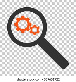 Orange And Gray Search Gears Tool interface toolbar icon. Vector pictogram style is a flat bicolor symbol on chess transparent background.
