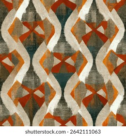 Orange, gray, and teal patterned fabric  in the style of wavy shapes and lines, grunge lines ikat pattern, ikat seamless pattern, Vector illustration background for print the paper.