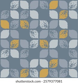 Orange gray textured seamless pattern with leaf prints. Shape of drops and square lines color art design. Colorful patterned background. Vector.
