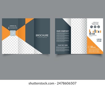 Orange gray trifold brochure with triangles. Creative and Professional tri fold brochure design. brochure template, creative tri-fold, trend brochure template vector