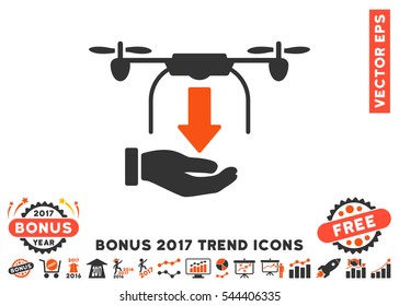 Orange And Gray Unload Drone Hand icon with bonus 2017 trend pictograph collection. Vector illustration style is flat iconic bicolor symbols, white background.