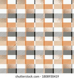 Orange, gray and white artistic plaid check seamless patten vector . Modern vintage effect fabric texture print design for carpet, rug, flooring, suit,  digital or weaving pattern