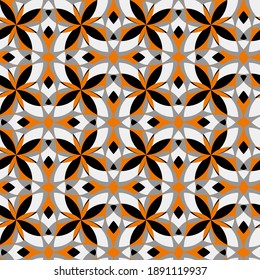 polígonos naranjas, grises, blancos, negros, formas, segmentos, rayas se agrupan y se organizan en filas. hermoso patrón geométrico sin costuras. vector.