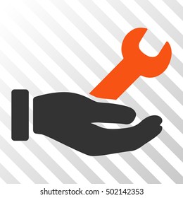 Orange And Gray Wrench Service Hand interface toolbar pictogram. Vector pictograph style is a flat bicolor symbol on diagonal hatch transparent background.