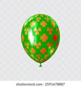 Orange green 3D realistic balloon with clover leaf pattern. Shamrock ornament balloons. Patricks day luxury festive decor. Celebration vector design element. EPS 10.