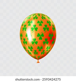 Orange green 3D realistic balloon with clover leaf pattern. Shamrock ornament balloons. Patricks day luxury festive decor. Celebration vector design element. EPS 10.