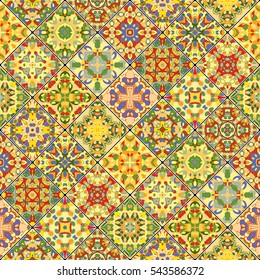 Orange and green abstract patterns in the mosaic set. Square scraps in oriental style. Vector illustration. Ideal for printing on fabric or paper.