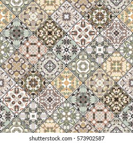 Orange and green abstract patterns in the mosaic set. Square scraps in oriental style. Vector illustration. Ideal for printing on fabric or paper.