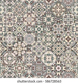 Orange and green abstract patterns in the mosaic set. Square scraps in oriental style. Vector illustration. Ideal for printing on fabric or paper.