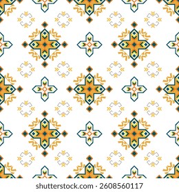Orange and green Aztec ethnic African seamless pattern. Native fabric carpet mandala ornament boho American chevron textile decoration. Portuguese tiles. Geometric Native American style, Navajo style.