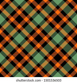Orange, Green and Black Tartan Plaid Scottish Seamless Pattern. Texture from tartan, plaid, tablecloths, shirts, clothes, dresses, bedding, blankets and other textile.