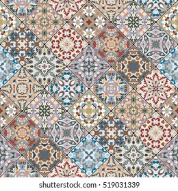 Orange, green and blue abstract patterns in the mosaic set. Square scraps in oriental style. Vector illustration. Ideal for printing on fabric or paper.