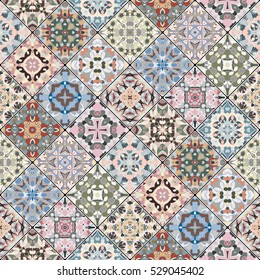 Orange, green and blue abstract patterns in the mosaic set. Square scraps in oriental style. Vector illustration. Ideal for printing on fabric or paper.