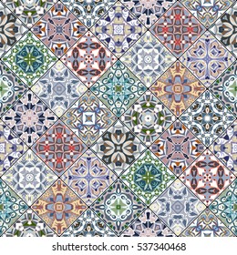 Orange, green and blue abstract patterns in the mosaic set. Square scraps in oriental style. Vector illustration. Ideal for printing on fabric or paper.
