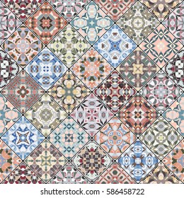 Orange, green and blue abstract patterns in the mosaic set. Square scraps in oriental style. Vector illustration. Ideal for printing on fabric or paper.