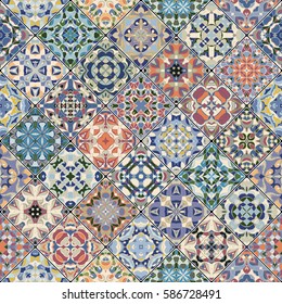 Orange, green and blue abstract patterns in the mosaic set. Square scraps in oriental style. Vector illustration. Ideal for printing on fabric or paper.