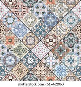 Orange, green and blue abstract patterns in the mosaic set. Square scraps in oriental style. Vector illustration. Ideal for printing on fabric or paper.