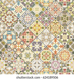 Orange, green and blue abstract patterns in the mosaic set. Square scraps in oriental style. Vector illustration. Ideal for printing on fabric or paper.