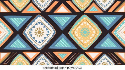 orange green blue geometric seamless pattern in African style with square,tribal,circle shape