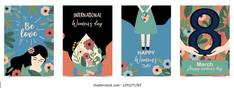 Orange green  blue International Happy Women's Day with women,flower and leaf - Shutterstock ID 1292271787
