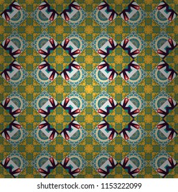 Orange, green and blue seamless background pattern with rhombuses.