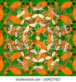 Orange, green and brown on colors. Design wrapping and gift paper, greeting cards, banner and posters design. Seamless pattern Abstract cute background. Vector illustration. Doodles pattern.