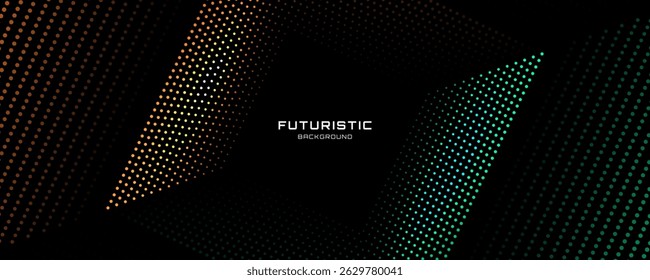Orange green circles techno background. Dotted lines effect on dark space. Elegant banner with particle decoration. Modern graphic design element dots style concept for web, card, or brochure cover